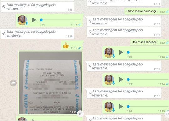 Falsário apagou mensagens depois que Frederico fez depósito de R$ 960 | Foto: Arquivo Pessoal