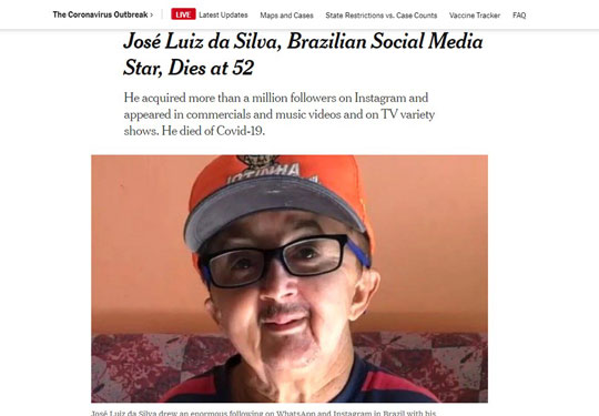 Jornal norte-americano 'New York Times' repercute morte de Jotinha | Foto: Reprodução/New York Times
